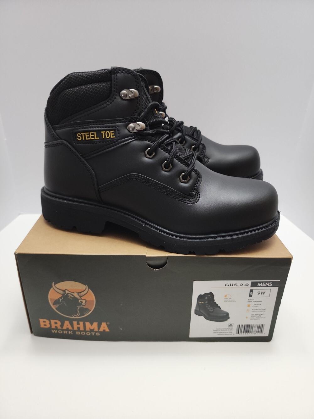 9W Brahma Gus 2.0 Mens Steel Toe Work Boots Black Leather Oil And Slip Resistant